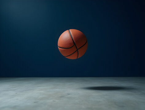 Basketball mid air at peak of jump on flat grey surface with deep navy blue backdrop
