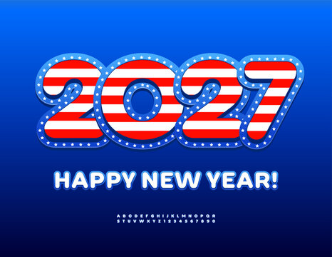 Vector Cool Greeting Card Happy new Year 2027 with United States of America Flag. Bright Creative Font. Digital Alphabet Letters and Numbers.