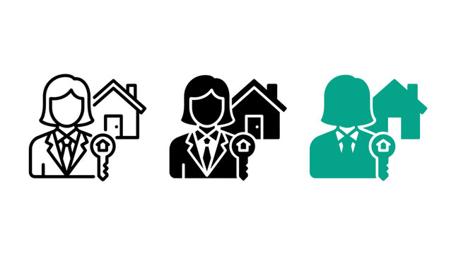 Real estate agent holding a house key icon set in three styles with property