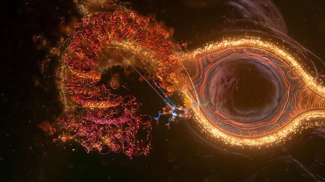 Detailed cell-biology render of a TDP-43 protein ribbon near a mitochondrion cross-section, with a small-molecule inhibitor docking at the M1 sequence region, glowing membrane layers, and structure