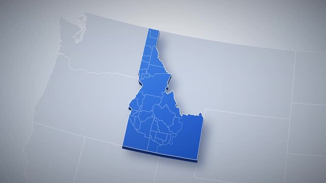 Idaho state map animation, camera zooms from USA map into 3D Idaho, county borders, capital Boise pinned, major cities Coeur d'Alene, Idaho Falls, Pocatello, US state map infographic, clean blue style
