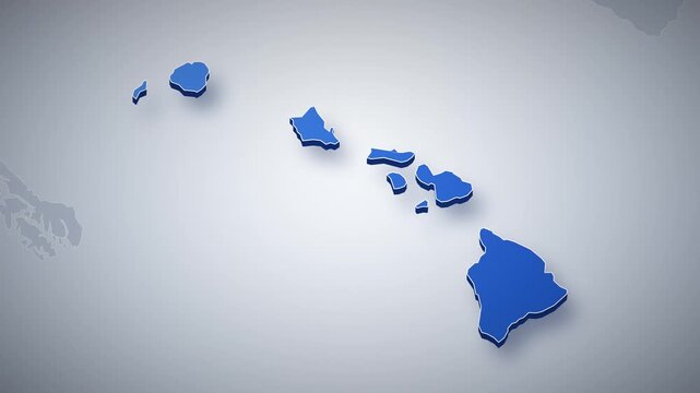 Hawaii state map animation, camera zooms from USA map into 3D Hawaii, county borders, capital Honolulu pinned, major cities Hilo, Kahului, US state map infographic, for news and presentations