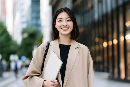 パソコンを持って微笑む日本人女性 Generative AI