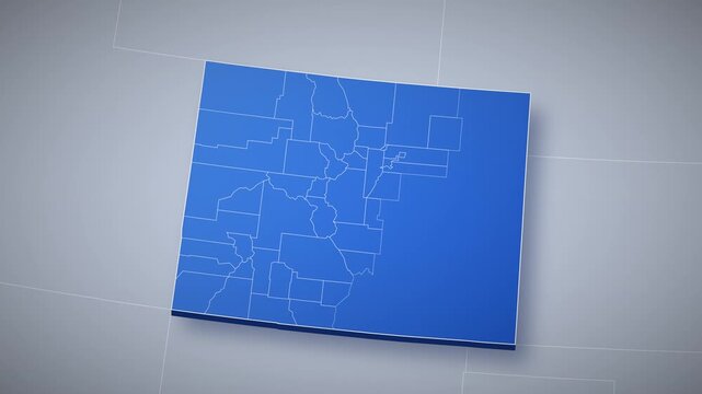 Colorado state map animation, camera zooms from USA map into 3D Colorado, county borders, capital Denver pinned, major cities Colorado Springs, Fort Collins, Grand Junction, US state map infographic