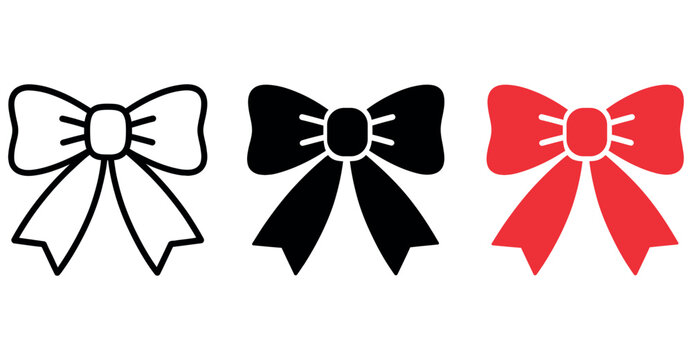 Vector illustration of ribbon bow icons in outline, solid black, and red styles.