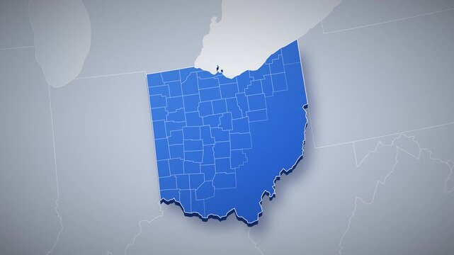 Ohio state map animation, camera zooms from USA map into 3D Ohio, county borders, capital Columbus pinned, major cities Cleveland, Cincinnati, Toledo, US state map infographic, clean blue style