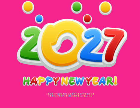 Vector Joyful Greeting Card Merry Christmas 2027 with Colorful Balls! Kids Playful Font. Bright Children set of Funny Amazing Alphabet Letters and Numbers.