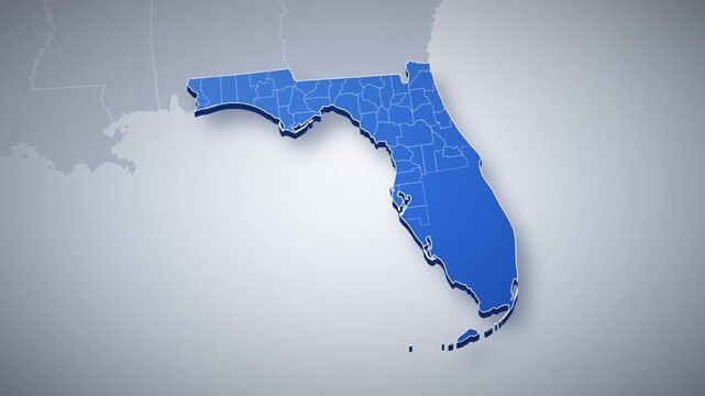Florida state map animation, camera zooms from USA map into 3D Florida, county borders, capital Tallahassee pinned, major cities Miami, Orlando, Tampa, US state map infographic, clean blue style