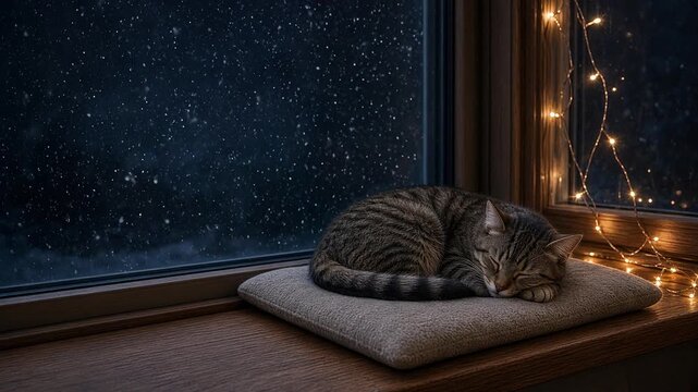 cat christmas tabby cat sleeping on windowsill cushion by fairy lights with snow falling outside window
