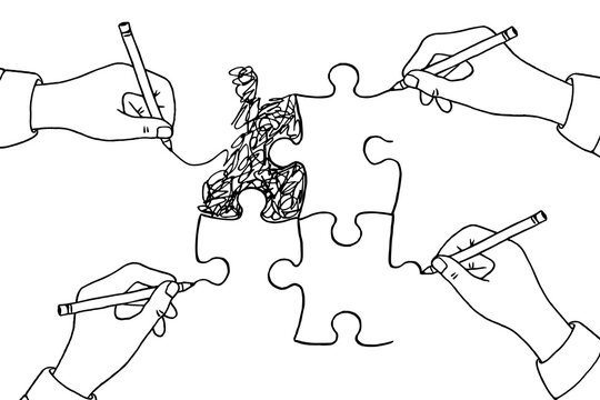 Four Hands Drawing Three Simple and One Scribbled Puzzle Piece