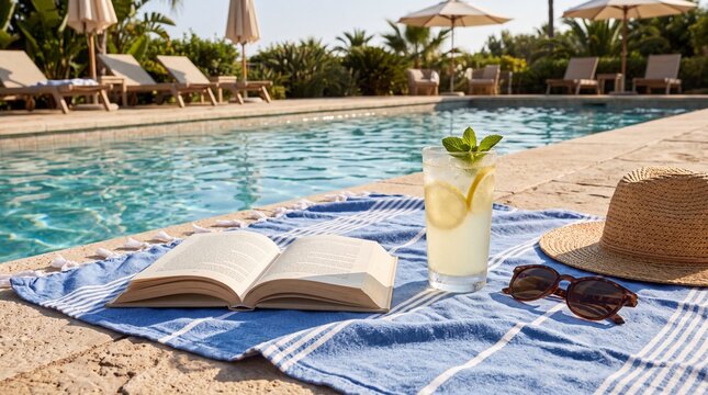 Enjoying a refreshing drink and a book by the poolside on a sunny day