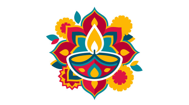 Diwali Festival, A vibrant flat vector illustration of a glowing diya surrounded by rangoli