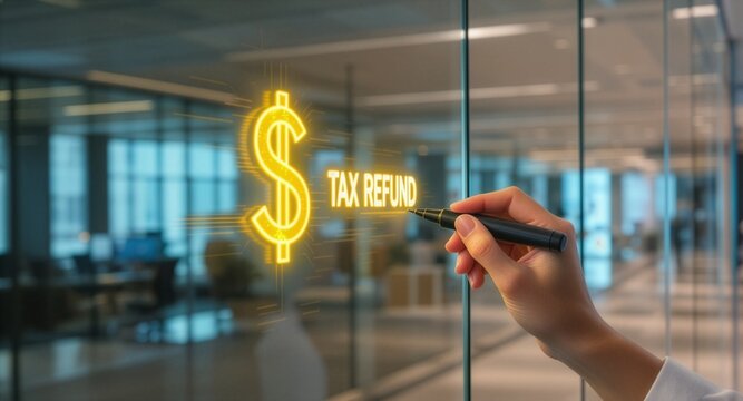 A close-up shot of a hand using a black pen to write "TAX REFUND" next to a glowing golden neon dollar sign on a glass wall pane inside a modern, blurred corporate office setting.