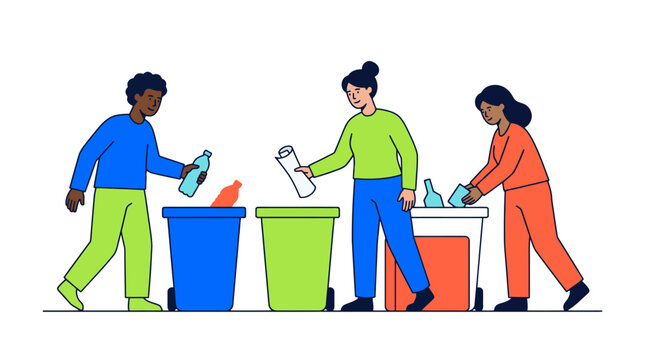 Community Recycling Effort, Diverse volunteers sort waste into colored bins in a minimalist graphic style