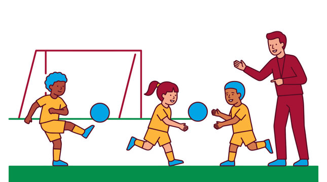 Youth Soccer Training, Minimalist vector graphic of children practicing soccer drills with a coach