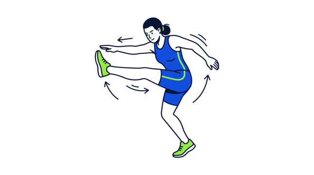 Athletic warm-up preparation, An athletic figure performs a dynamic stretching pose in bold flat art
