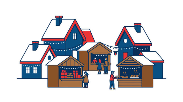 Winter Holiday Market, A minimalist flat art vector of a charming snowy village market