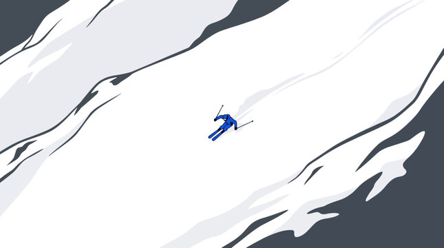 Alpine Solo Descent, A lone skier navigates a vast snow slope from a high overhead viewpoint