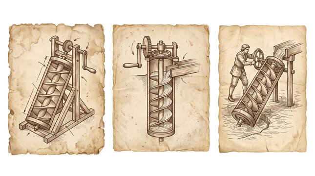 Three vintage-style technical of archimedes screws, showing mechanical water lifting devices on aged, textured parchment paper