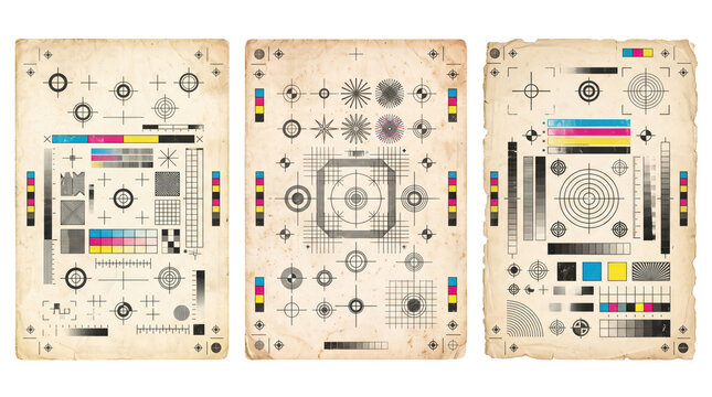 Three vintage-style test pattern charts with cmyk color bars, registration marks, grids, and grayscale gradients on aged, textured paper