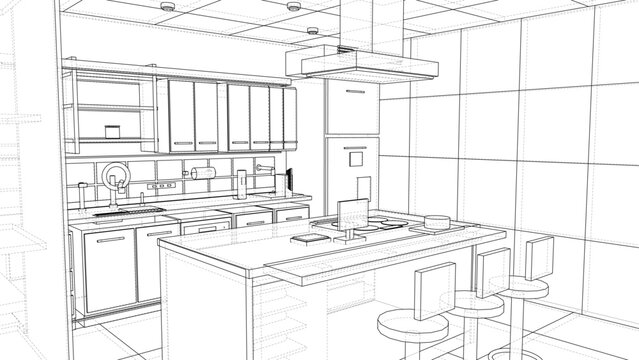 Wireframe Modern Kitchen Interior. Vector