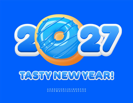 Vector cute Wish Card Tasty New Year 2027! Creative Blue Font. Artistic set of Rounded Alphabet Letters and Numbers.