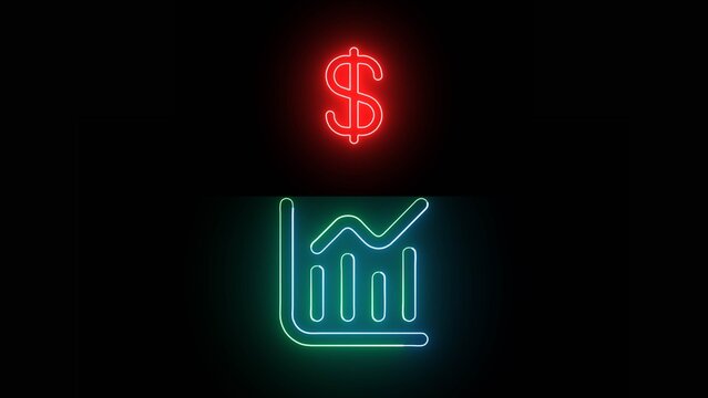 Neon dollar sign above financial growth chart graph in dark space glowing red