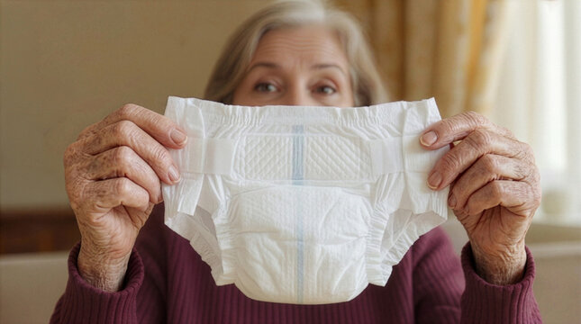 A close-up shot of a senior woman's hands holding and showcasing a white adult protective diaper, with her face softly blurred in the background inside a warm domestic environment.
