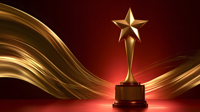 Luxury golden star trophy standing on a glowing red background with flowing golden wavy lines, representing the first-place award and victory and success