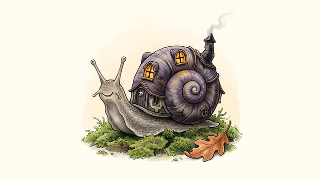 Snail with a magical purple seashell house resting on green moss features warm glowing windows and a chimney.