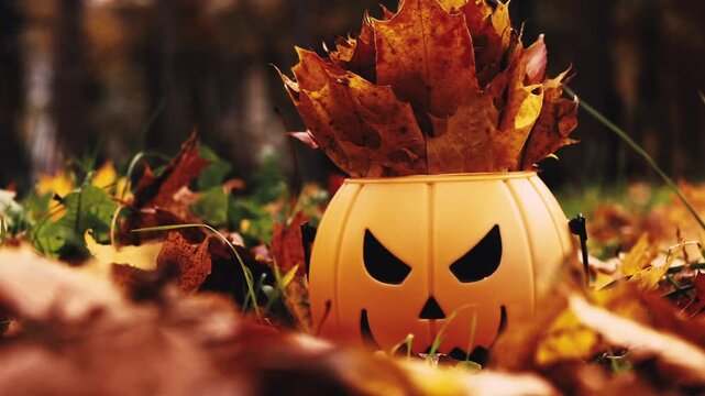 Plastic orange candy basket in the shape of a Jack-o-lantern filled with dry autumn leaves. Halloween celebration or preparation for the holiday. Bright orange bucket for Halloween candy