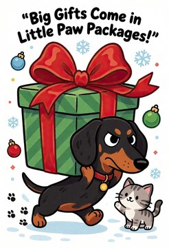 Dachshund carries big gift wrapped in festive bow with kitten watching nearby