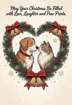 Heartwarming Christmas card with dog and cat sharing love in festive wreath