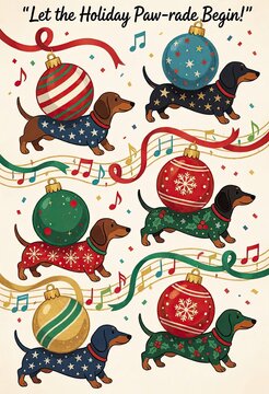 Dachshunds dressed as holiday ornaments dancing with music notes