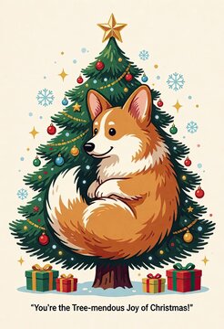 Corgi wrapped around Christmas tree with gifts and snowflakes