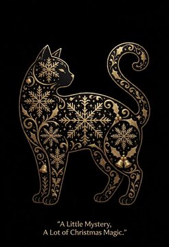 Golden ornate cat decorated with snowflakes stands elegantly against dark background
