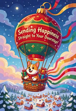 Corgi in hot air balloon sending holiday cheer to snowy village below