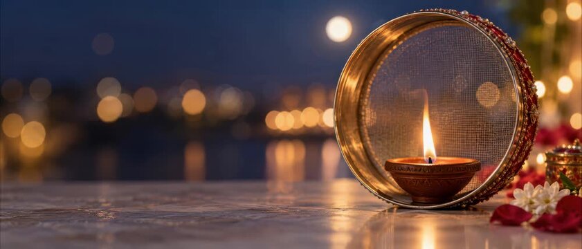 Karwa chauth diya glowing inside a gold toned sieve on a night terrace, moon sighting puja banner with open tabletop copy space