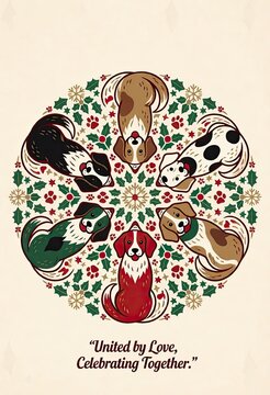 Dogs gathered in circle celebrating together with holiday decorations