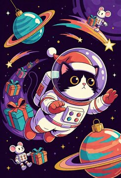 A cat astronaut floats among planets and gift boxes in space