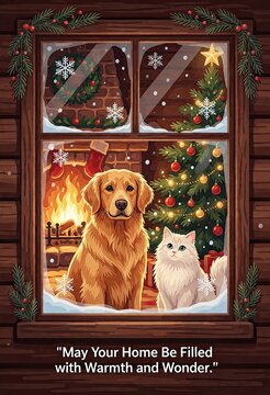 Golden retriever and cat by warm fireplace with decorated Christmas tree