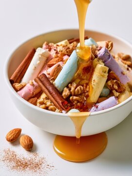creative conceptual studio photograph of golden sweet honey being poured from a jar into a white bowl filled with colorful chalk sticks crunchy walnuts and cinnamon sticks on a bright surface