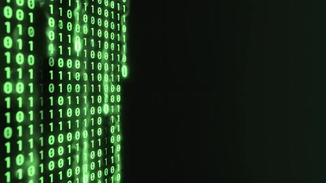 Green binary code streaming on dark background