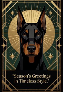 Doberman in Art Deco Style with Golden Halo and Starry Background