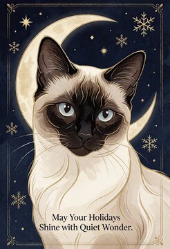 Siamese cat gazing with calm eyes under crescent moon and snowflakes