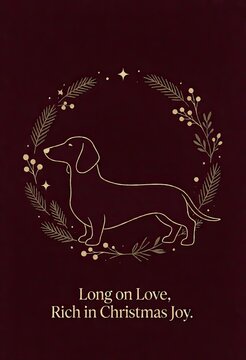 Dachshund dog standing inside festive wreath with stars and berries