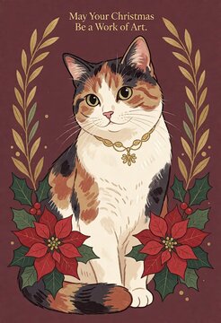 Calico cat adorned with gold necklace sits surrounded by poinsettias and laurel branches.