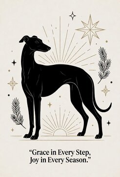 Graceful greyhound standing tall surrounded by stars and festive branches