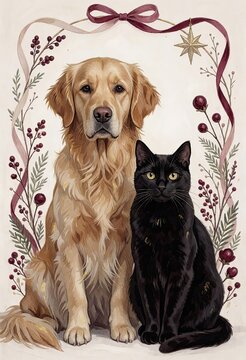 Golden retriever and black cat sit together under festive holiday wreath with berries and star