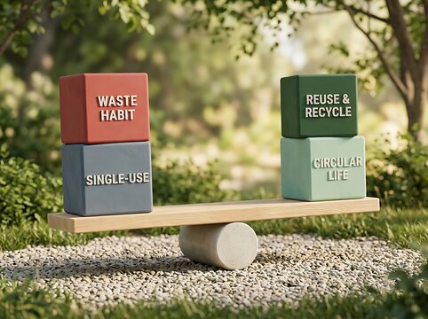 Balancing Waste Habits Against Circular Life And Recycling Concept